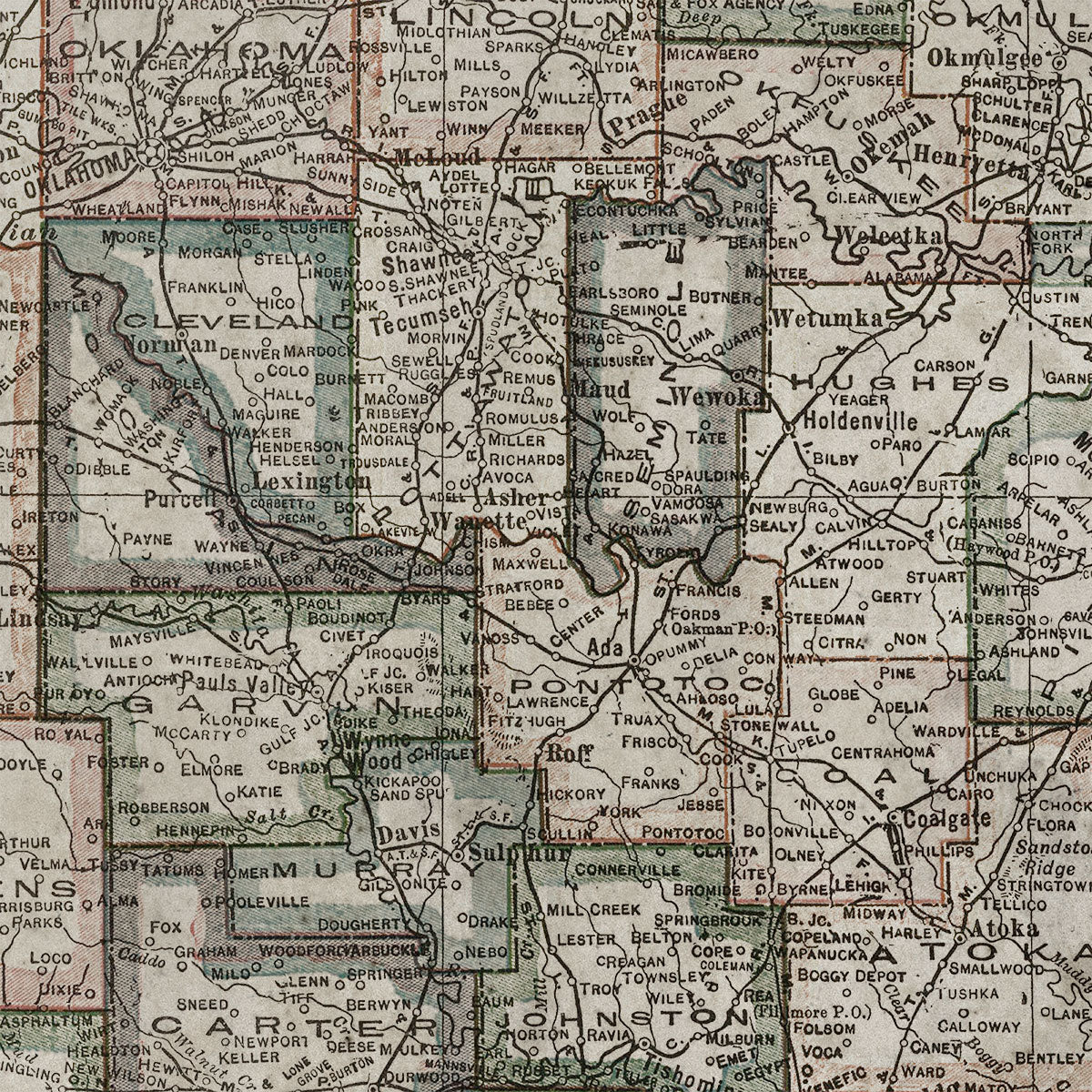 Old Oklahoma map wall art. Shop Archive Print Co.
