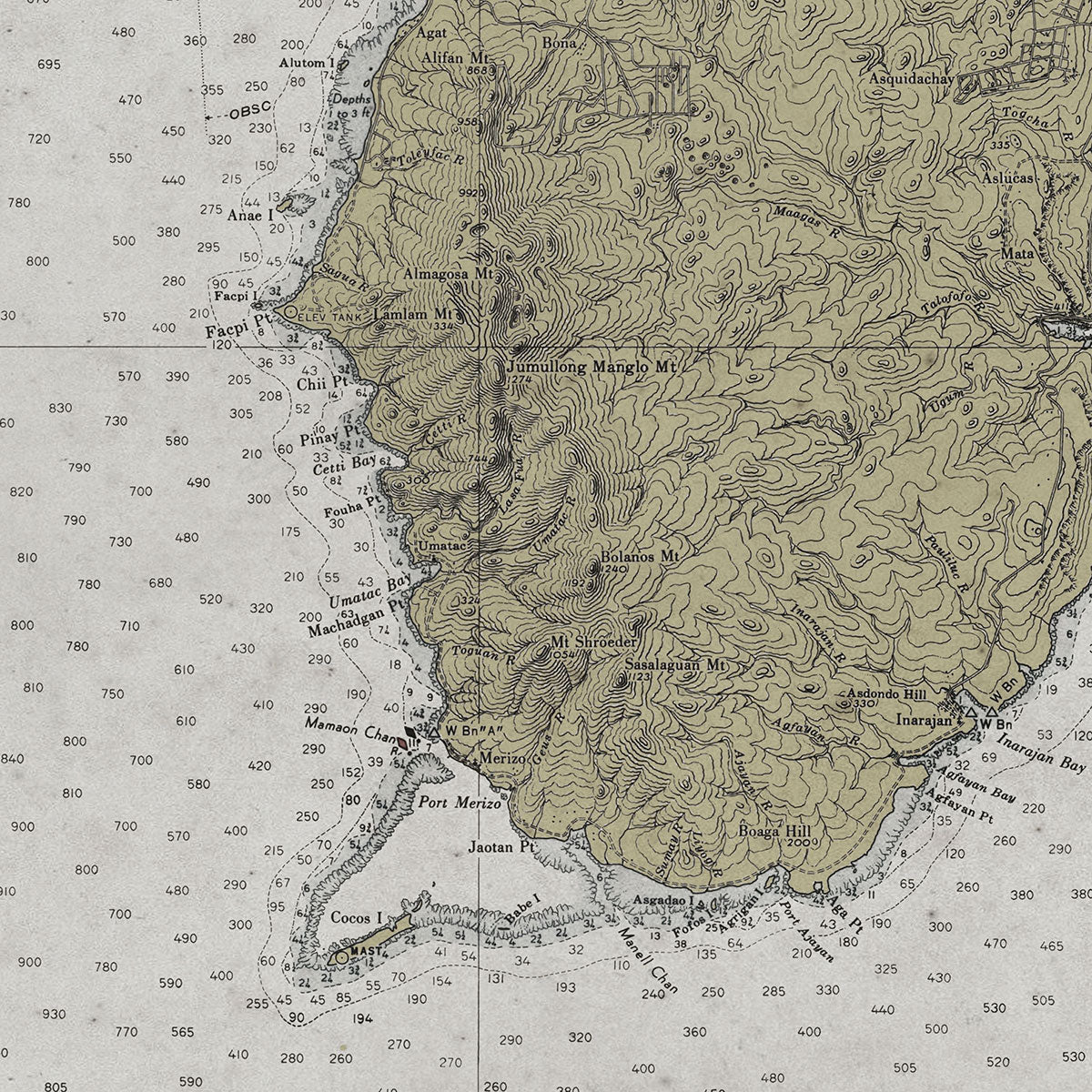 Guam Map, Vintage Nautical Map of Guam, Nautical Home Decor, Early 20th Century