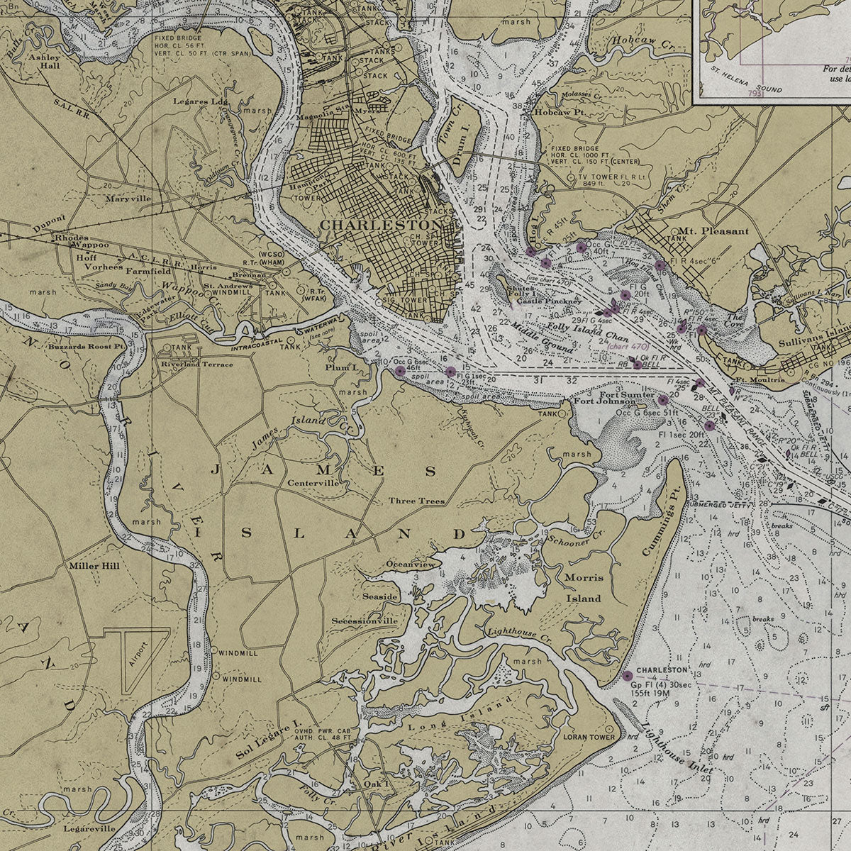 Old Charleston Approaches nautical chart vintage wall art. Shop Archive Print Co.