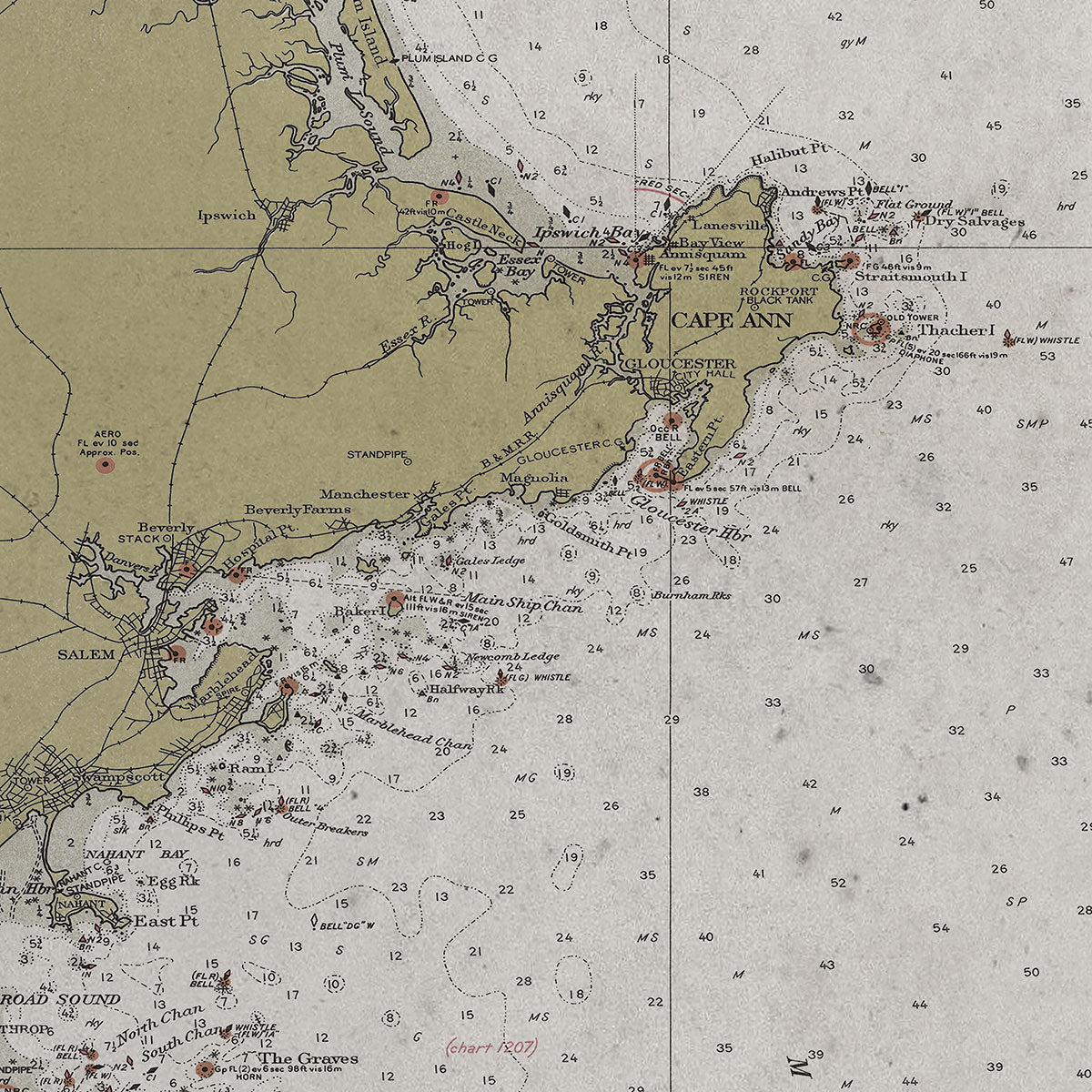 Vintage historic nautical chart of Cape Elizabeth to Cape Cod in room with white walls with vintage furniture and vintage decor.