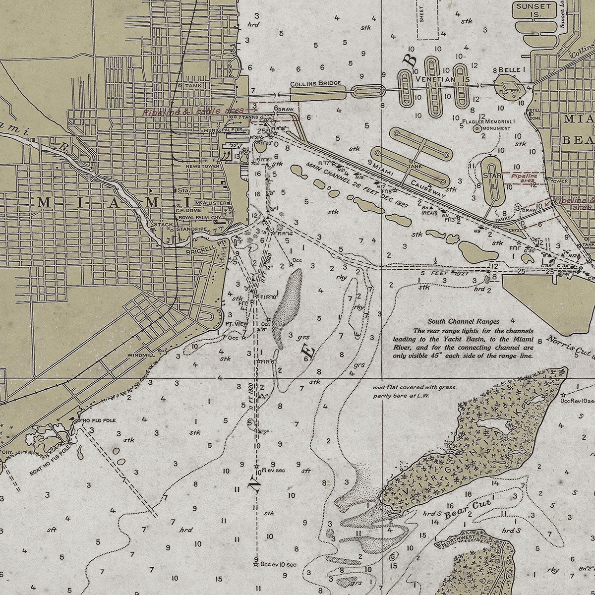 Old Miami nautical chart vintage wall art. Shop Archive Print Co.