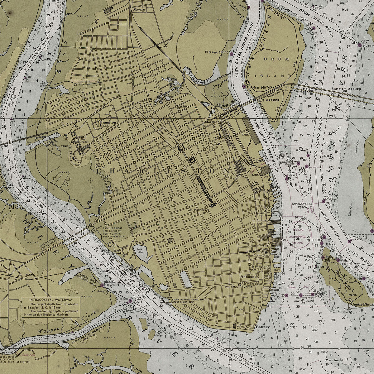 Old Charleston Inner Harbor nautical chart vintage wall art. Shop Archive Print Co.