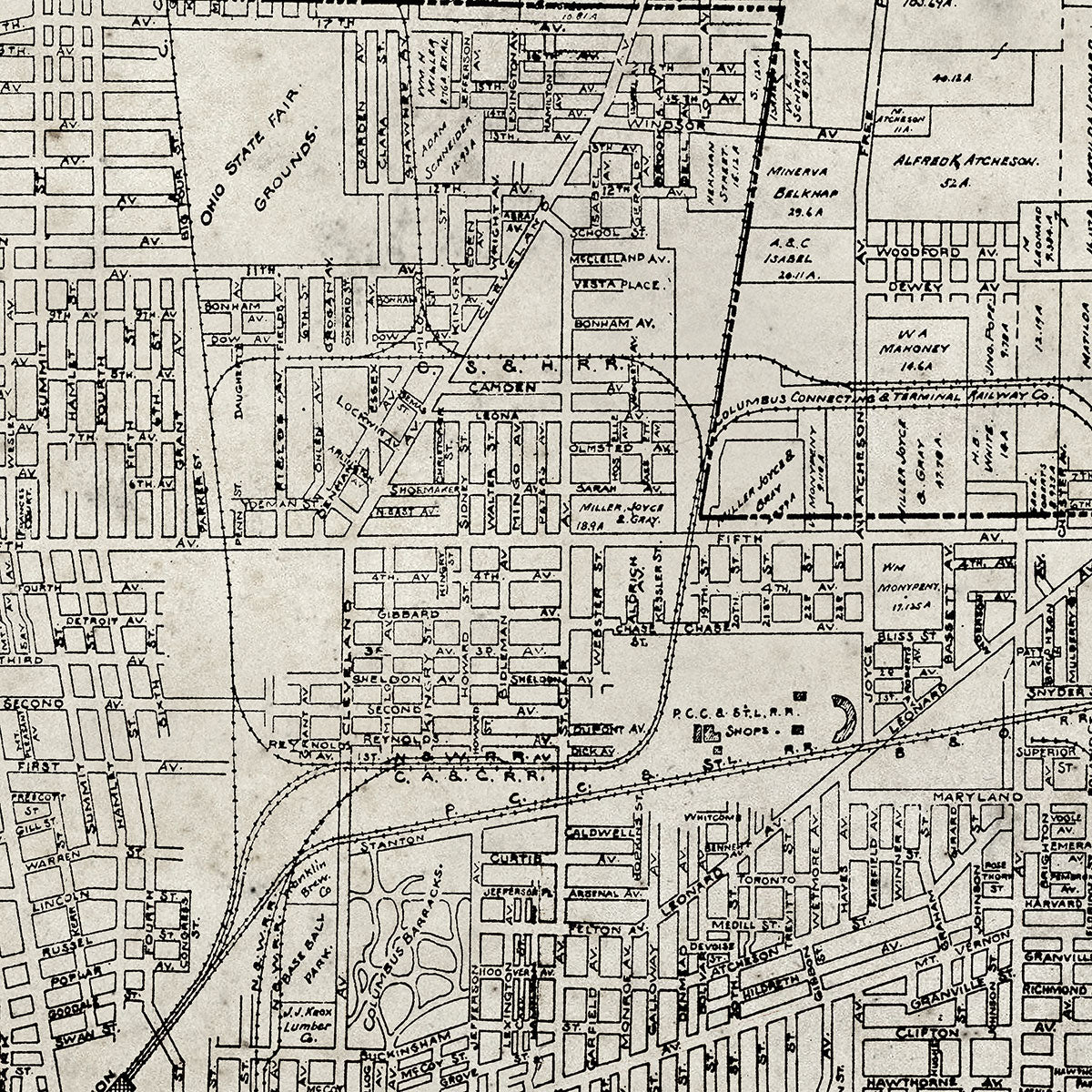 Old Columbus, Ohio map wall art. Shop Archive Print Co.