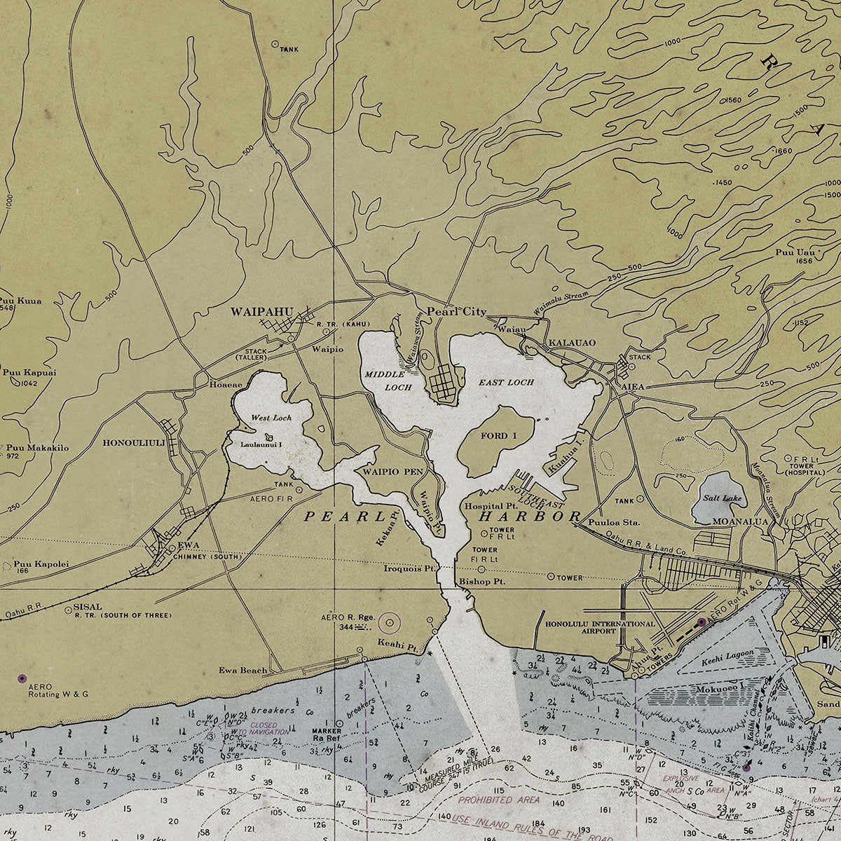 Old Oahu, Hawaii nautical chart vintage wall art. Shop Archive Print Co.