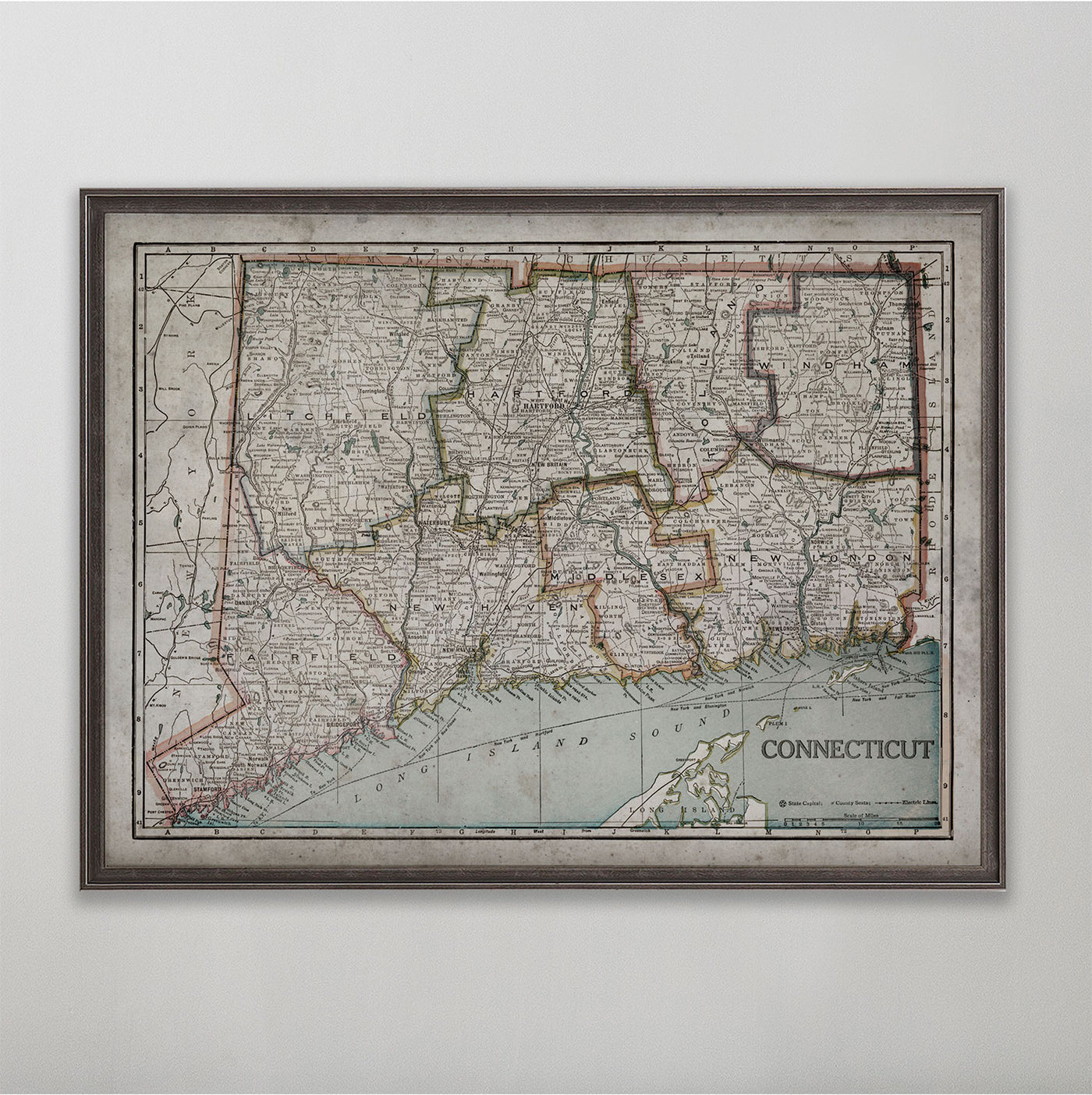 Old vintage historic map of Connecticut for wall art home decor. 
