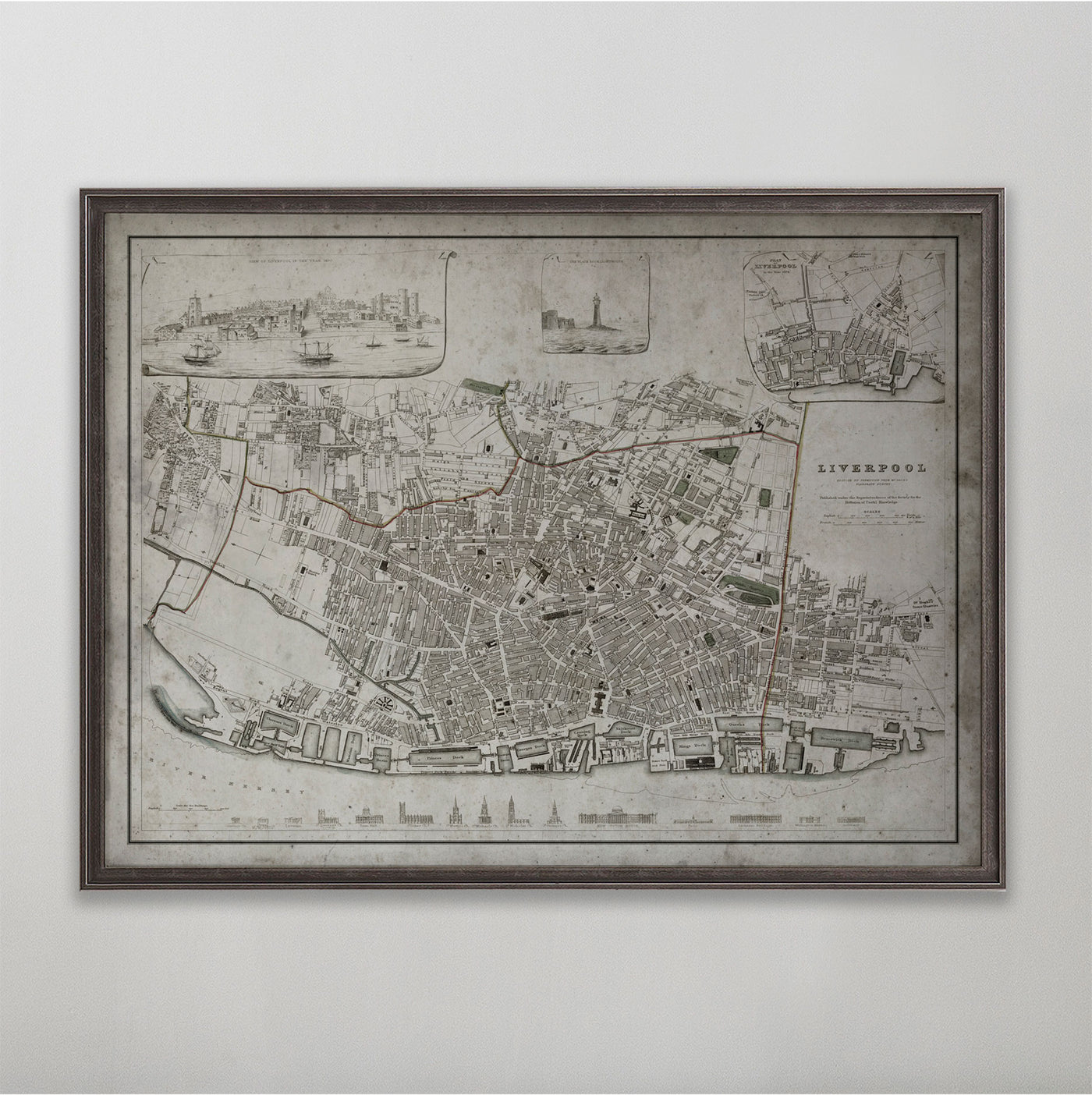 Old vintage historic map of Liverpool, England for wall art home decor. 
