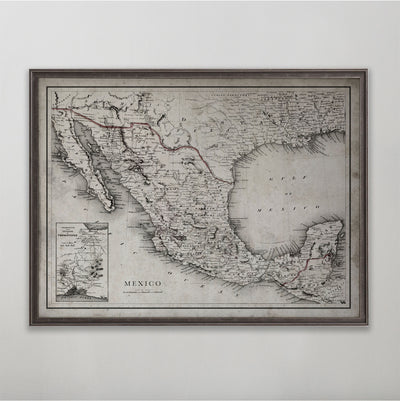 Old vintage historic road map of Mexico for wall art home decor. 