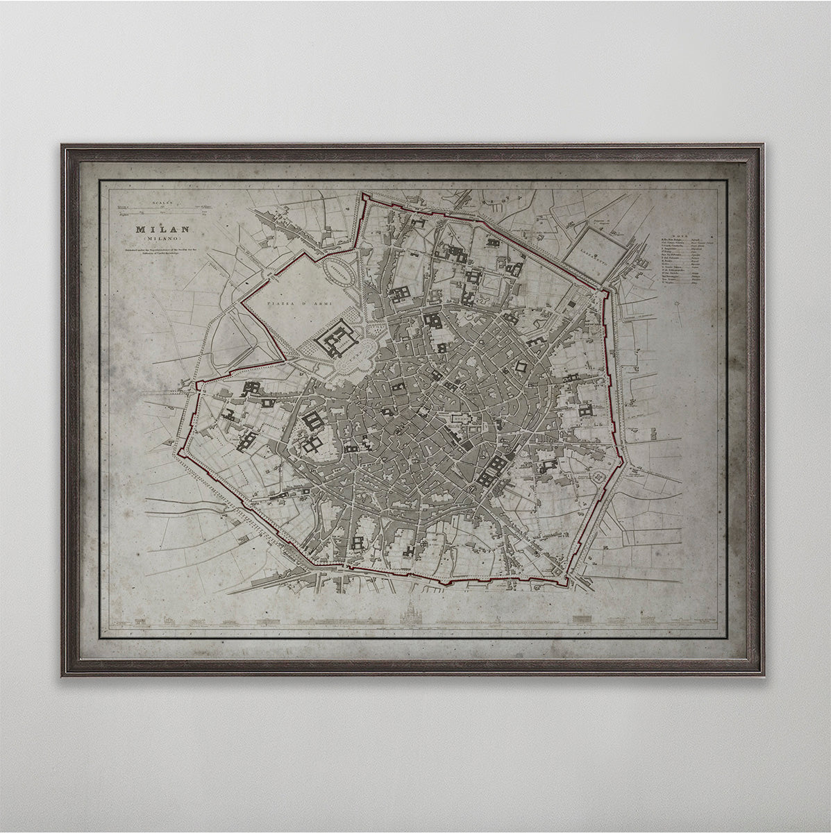 Old vintage historic map of Milan for wall art home decor. 