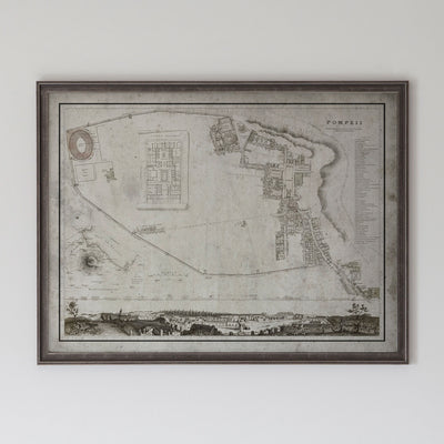Old vintage historic map of Pompeii for wall art home decor. 