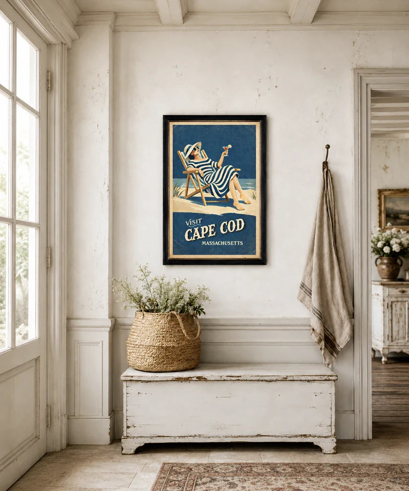 Visit Cape Cod vintage-style print displayed above a console in a living room